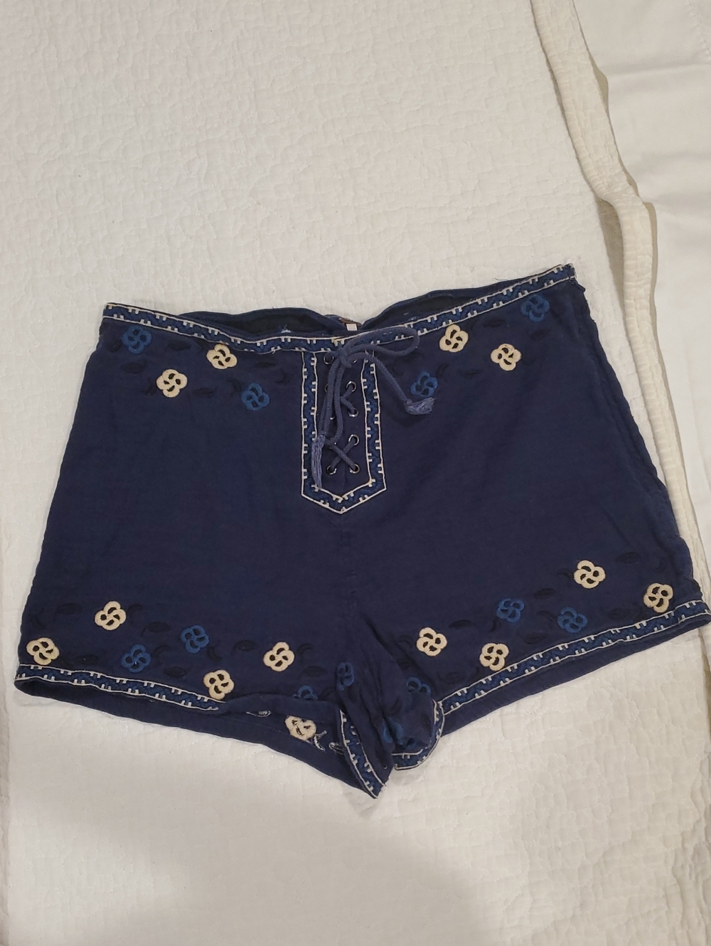 Free People Navy Blue Embroidered Lace-Up Shorts